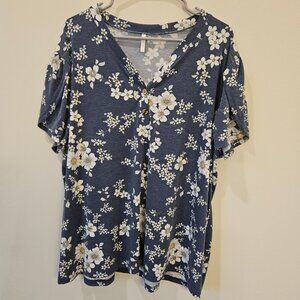 Bishuge Floral V-Neck Short Sleeve Womens 3XL Navy & White shirt